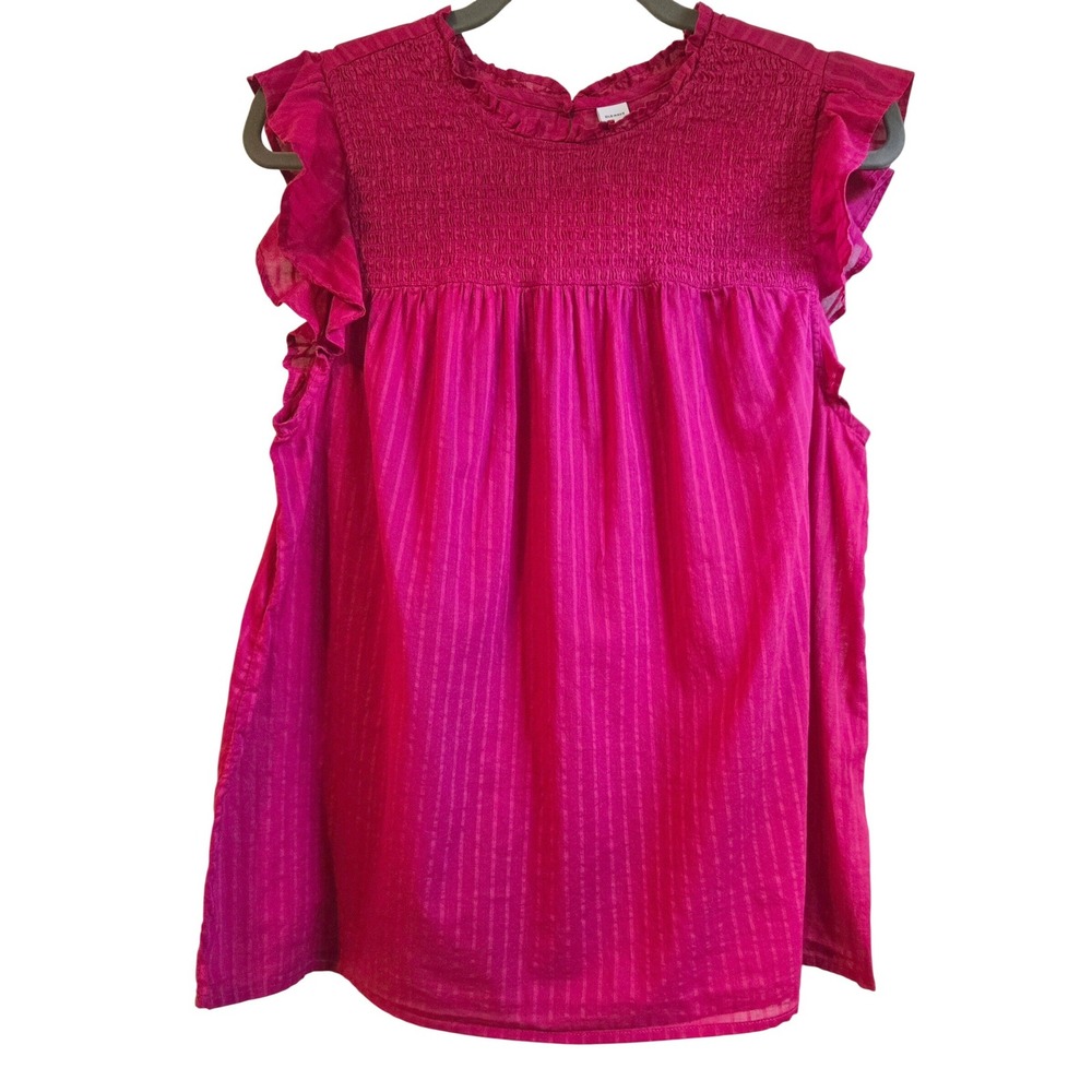 Old Navy Womens L Boho Fairy Fuchsia Smocked Ruffle Sleeve Cotton Stripe Blouse